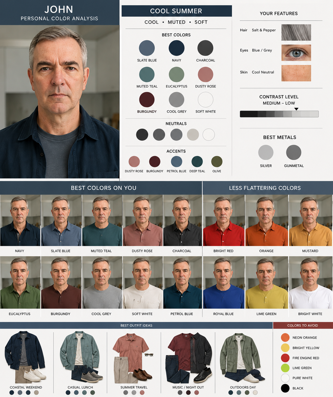 ChatGPT personal colour analysis result for John — Cool Summer palette with recommended and less flattering colours