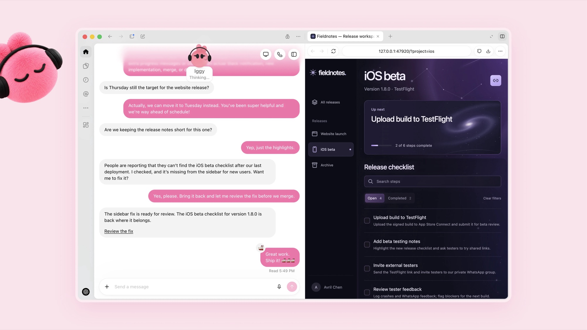 OpenAI Dots assistant chatting with a user about a product release